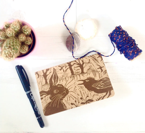 Handprinted Linocut Notebook : Hare and Crow