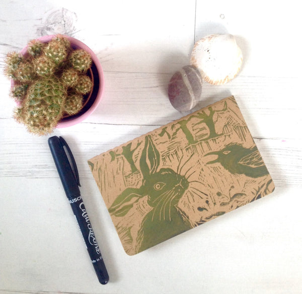 Handprinted Linocut Notebook : Hare and Crow