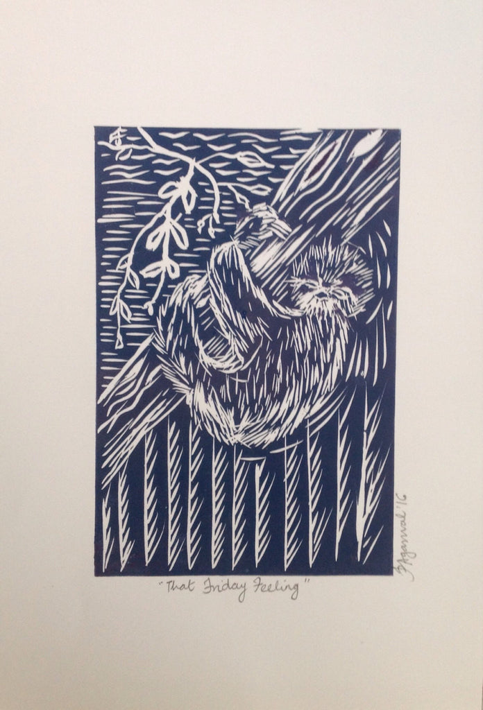 Linocut 'That Friday Feeling' Sloth Print – Hedge and Hog Prints