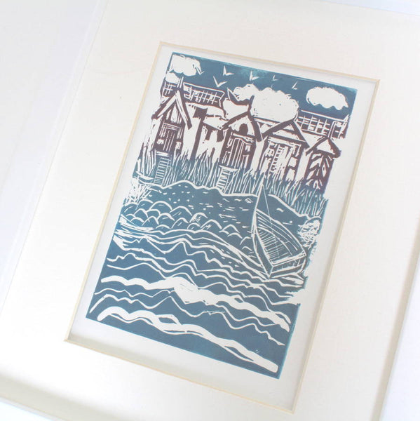 ‘Beach Huts’ Seaside Linocut Print