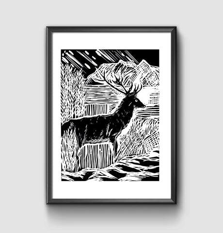 Scottish Highlands Stag Linocut Print